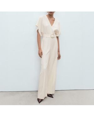 Mango Ecru Long Jumpsuit With Belt And Buckle - Natural