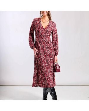 Needs No Label Floral Printed Long Sleeve Midi Dress - Red