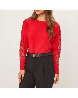 Sofiacashmere Mesh Floral Lace Sleeve Cashmere Jumper - Red
