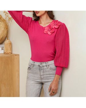 Sofiacashmere Fushia Floral Applique Cashmere Blend Jumper - Pink