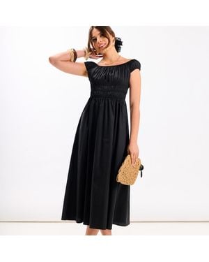 Needs No Label Cotton Shirred Bardot Midi Dress - Black