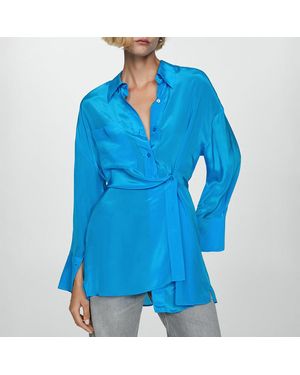 Mango Long Satin Shirt With Asymmetrical Closure - Blue
