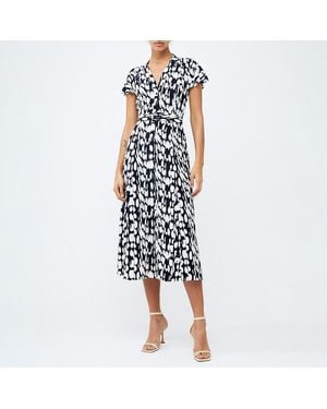 French Connection Printed Short Sleeve Belted Midi Dress - Blue