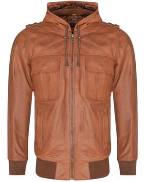 Infinity Leather Tan Leather Hooded Varsity Jacket - Brown