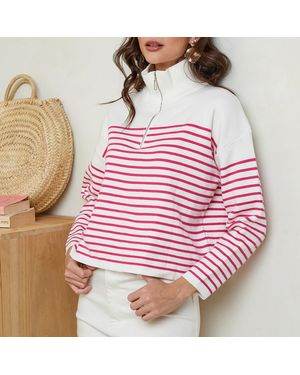 Sofiacashmere Striped 1/2 Zip Cashmere Blend Jumper - Pink