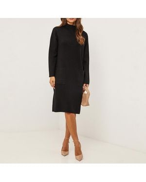 Sofiacashmere Below The Knee Patch Pocket Cashmere Blend Dress - Black