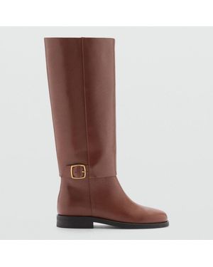 Mango Cognac Leather Boots With Decorative Buckle - Brown