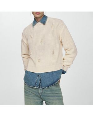 Mango Pearl Embellished Wool Blend Jumper - White