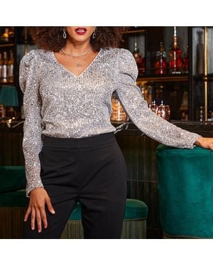 Sosandar Luxe Sequin Gathered Sleeve Top - Grey