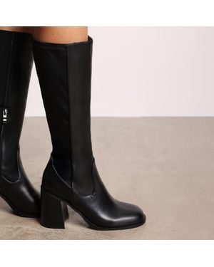 Where's That From 'Zhuri' Mid Block Heel Knee High Boots With Stretch And Side Zip - Black