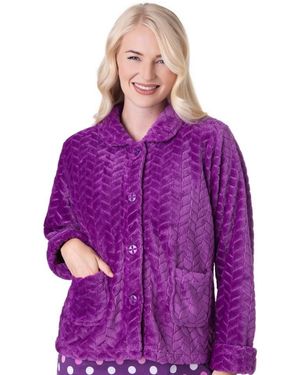 CAMILLE Supersoft Button Front Embossed Bed Jacket - Purple