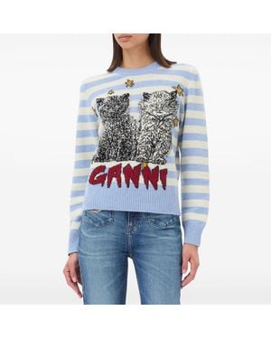 Ganni Stripe Wool Blend Kitten Graphic Jumper - Blue