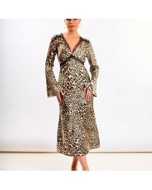 Needs No Label Leopard Long Sleeve Lace Midi Dress - Brown