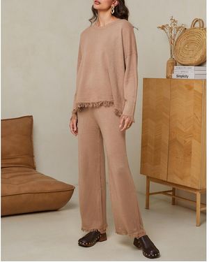 Sofiacashmere Camel Cashmere Blend Crew Neck Jumper/ Trouser Set - Natural