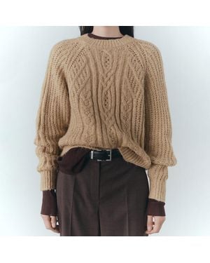 Mango Cable Round Neck Jumper - Brown
