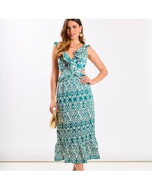 Needs No Label Ikat Ruffle Cutout Midi Dress - Blue