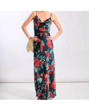 Needs No Label Floral Cowl Neck Satin Maxi Dress - Blue