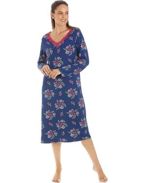 CAMILLE Floral Print Spandex Knee Length Long Sleeve Nightdress - Blue