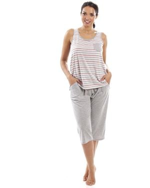 CAMILLE Lightweight Striped Capri Bottom Pyjama Set - Grey