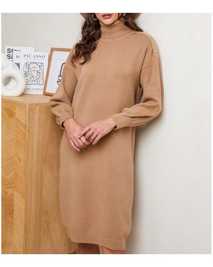 Sofiacashmere Camel Cashmere Blend Embellished Roll Neck Dress - Brown