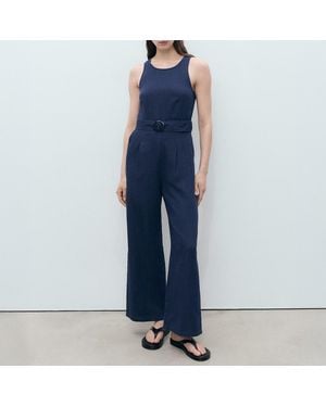 Mango Dark Flowy Denim Jumpsuit With Belt - Blue