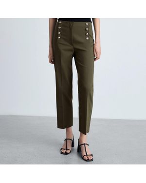 Mango Khaki Straight Trousers With Jewel Buttons - Green