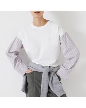 Hush Woven Mix Long Sleeve Cotton T-Shirt - Grey