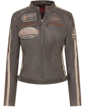 Infinity Leather Vintage Tan Biker Racing Badges Leather Jacket-Eastleigh - Grey