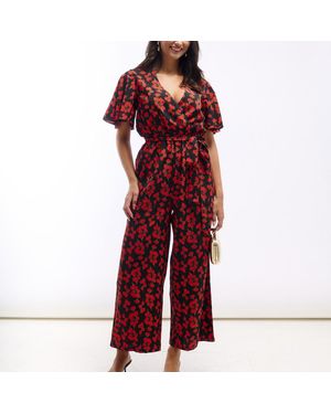 Needs No Label Floral Flutter Sleeve Jumpsuit - Red