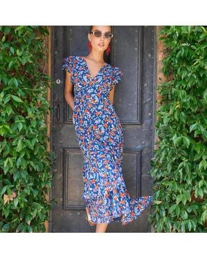 Needs No Label Floral Ruffle Midi Dress - Blue