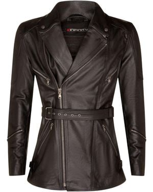 Infinity Leather Cross Zip Mid-Length Ce Armour Biker Jacket - Black