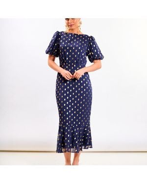 Needs No Label Chiffon Foil Puff Sleeve Midi Dress - Blue