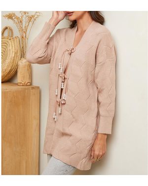 Sofiacashmere Taupe Cashmere Blend Pearl Tie Cardigan - Natural