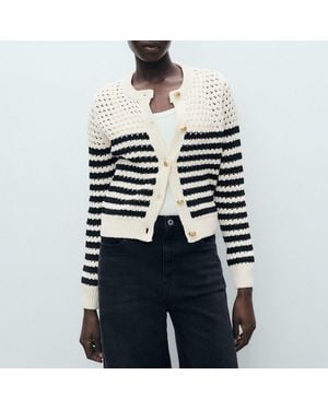 Mango Striped Openwork Knitted Cardigan - Blue