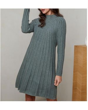 Sofiacashmere Khaki Cashmere Blend Ribbed Roll Neck Dress - Blue