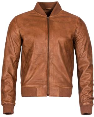 Infinity Leather Varsity Tan Leather Bomber Jacket-Camelford - Brown