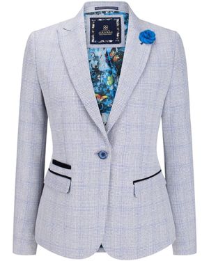 Infinity Leather Check Blazer Wool Blend Herringbone Tweed - Blue
