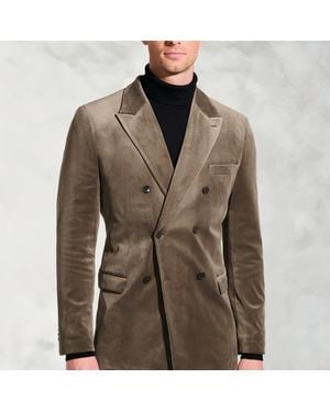 Brook Taverner Tailored Fit Carlin Taupe Velvet Double Breasted Jacket - Brown