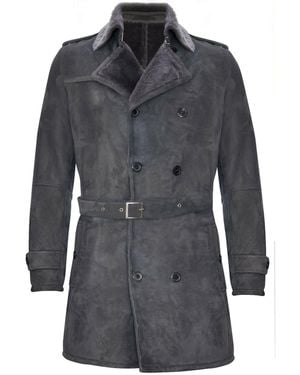 Infinity Leather Shearling Sheepskin Suede Pea Coat-Cali - Grey