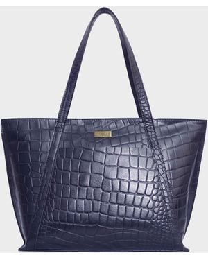 Assots London 'agnes' Navy Croc Real Leather Designer Tote Bag - Blue