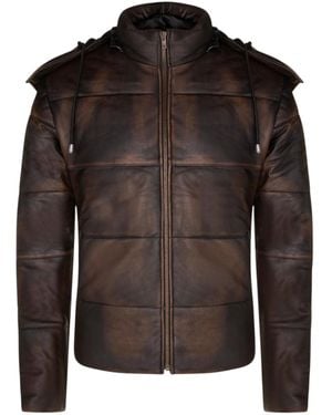 Infinity Leather Hooded Puffer Vintage Leather Bomber Jacket-Corbridge - Black