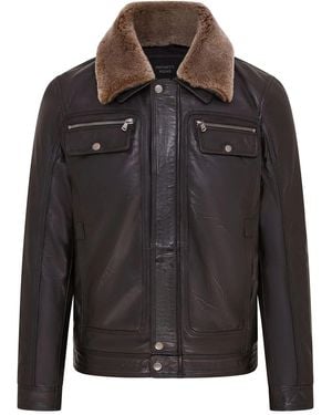 Infinity Leather Leather Jacket Trucker Removable Sheepskin Collar Casual Jacket - Black