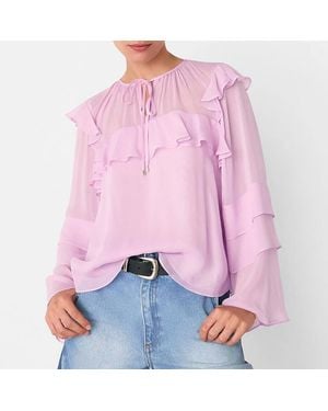 Whistles Sheer Tie Neck Frill Blouse - Pink