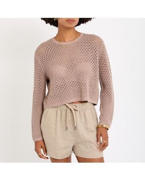 Reiss Mink Open Weave Linen Blend Crop Jumper - Brown