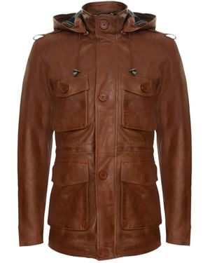 Infinity Leather Classic Tan Leather Hooded Trench Overcoat-Edgware - Brown