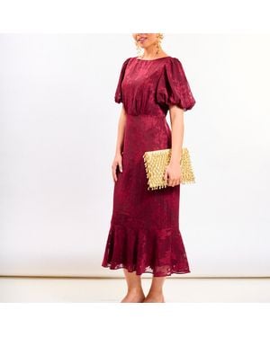 Needs No Label Burgundy Shimmer Puff Sleeve Midi Dress - Red