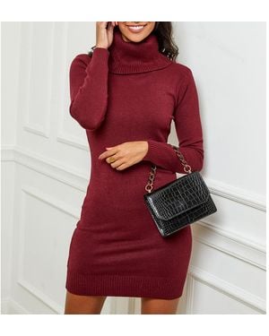 Sofiacashmere Burgundy Roll Neck Cashmere Blend Dress - Red
