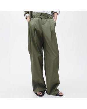 Mango Wideleg Trousers With Belt - Green