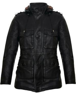 Infinity Leather Classic Leather Hooded Trench Overcoat-Edgware - Black