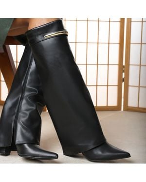 Where's That From Nareva Fold Over Shark Block Heel Point Toe Boots With Trim Detail - Black